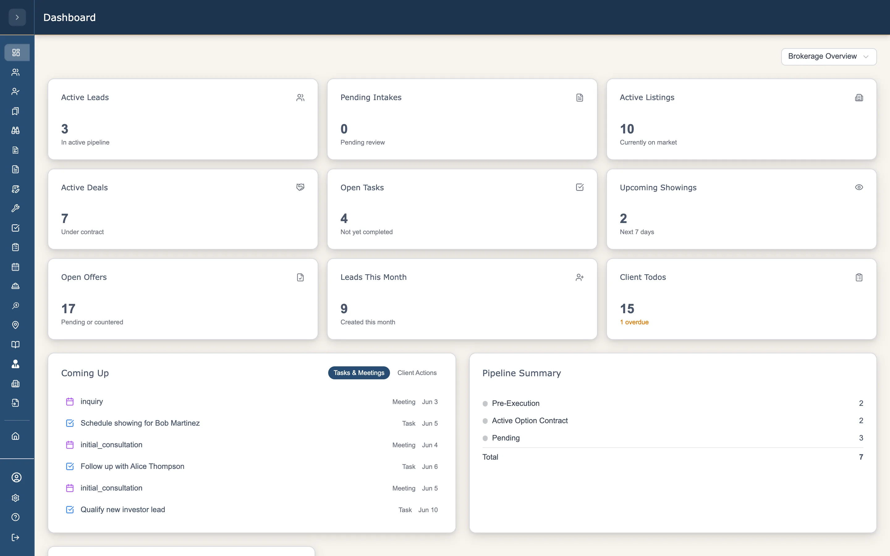Access Realty CRM dashboard — brokerage-scope picker, role-gated KPI cards, picklist-driven pipeline summary