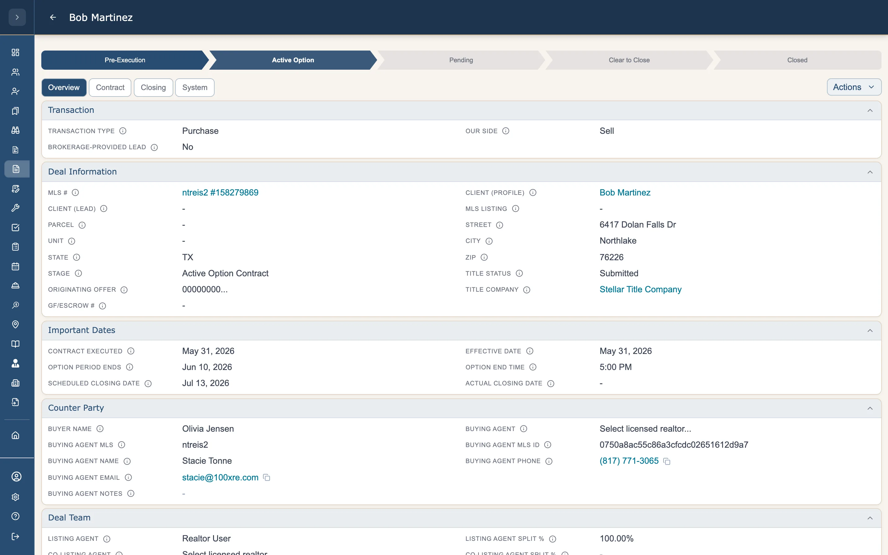 Access Realty CRM deal record — stage progress bar, role-gated tabs, and a computed counter-party label reading 'Buyer Name' on a sell-side deal