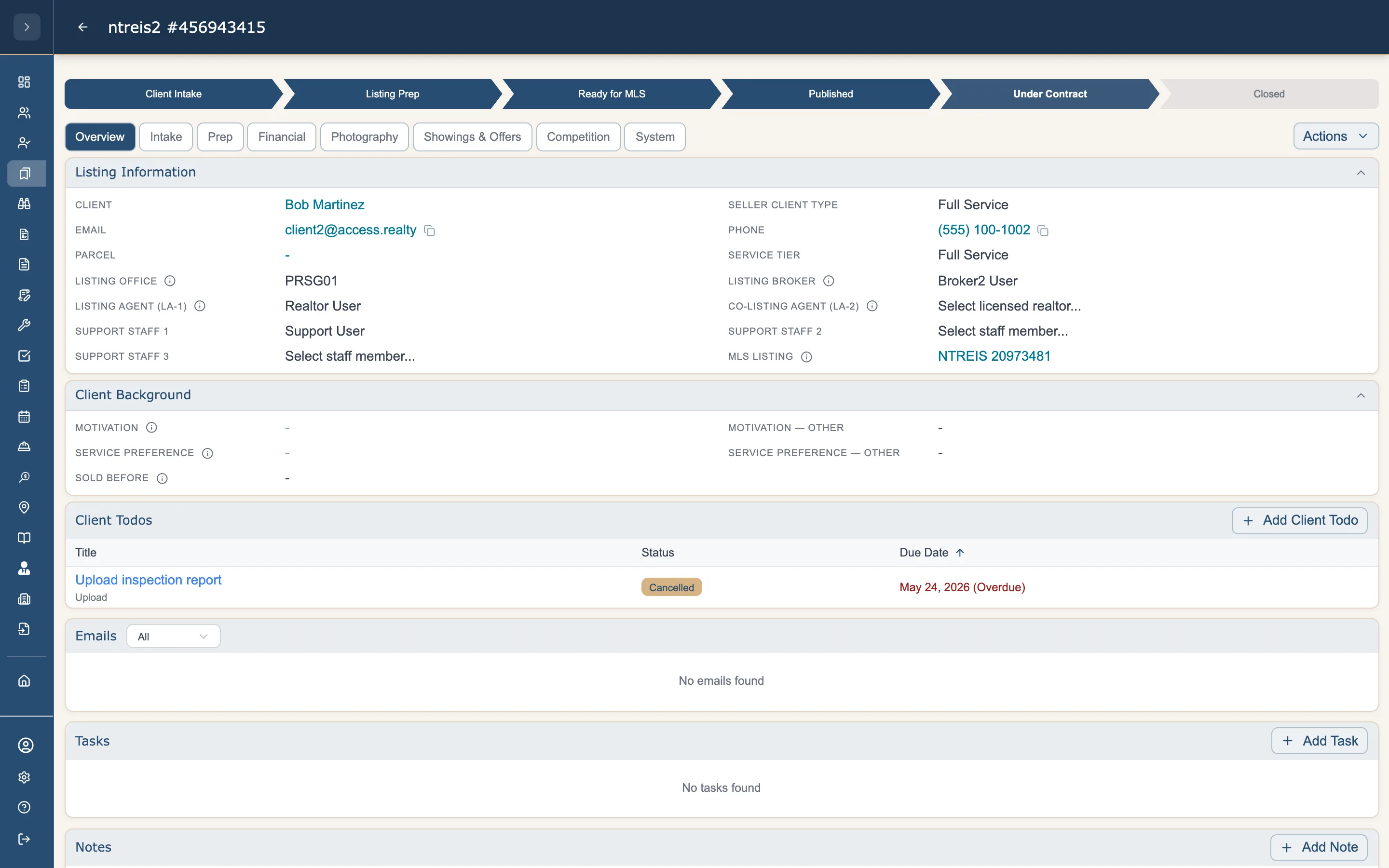 Access Realty CRM listing record — six-stage lifecycle bar advanced to Under Contract, eight config-driven tabs, MLS listing linked