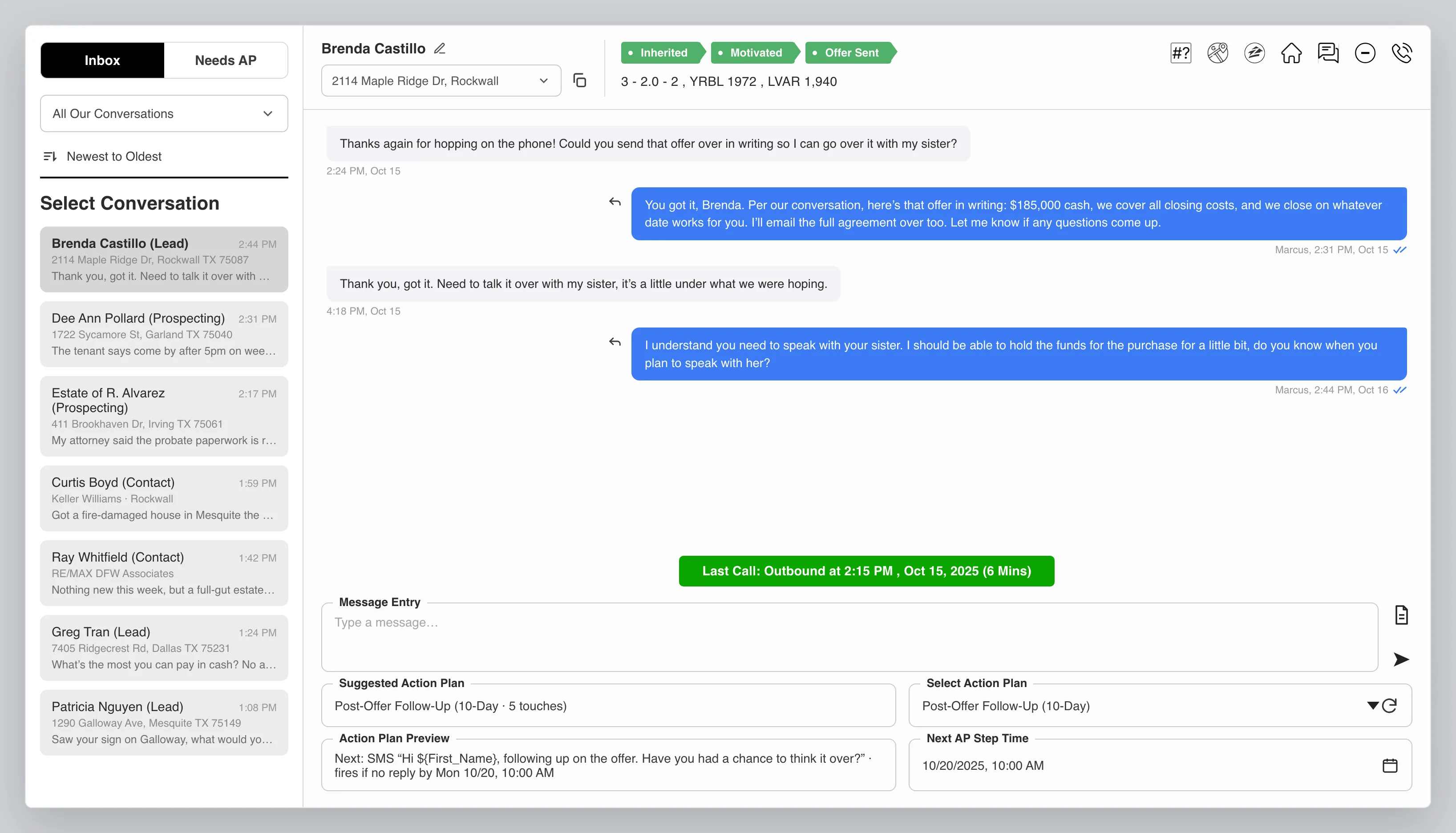 Custom Zoho CRM conversations widget — unified SMS and call inbox with Action Plan sequencing